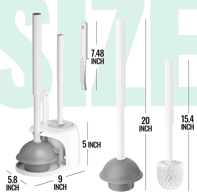 3 in 1 Toilet Brush and Plunger Set with Crevice Cleaning Brush, Toilet Plunger and Brush Set with Extra Long Handle, Plungers for Bathroom Accessories, Toilet Plunger with Holder, White