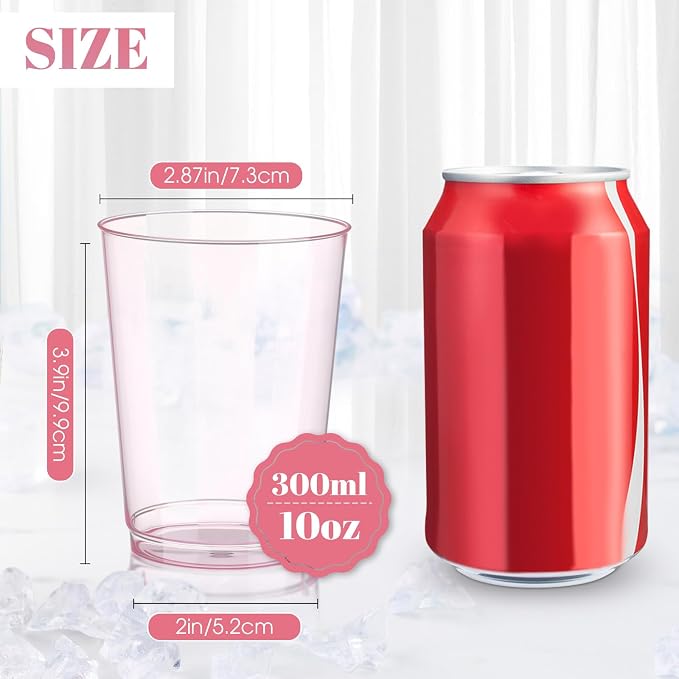 Teenyyou 150 Pcs Valentine's Day Pink Plastic Cups 10 oz Disposable Wedding Cups Heavy Duty Plastic Cup Fancy Cocktail Cup Drinking Tumbler for Valentine's Day Gatherings Parties Wedding