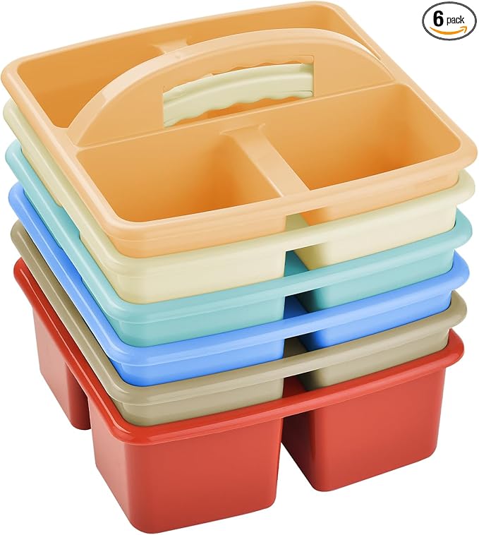 6-Pack Plastic Classroom Caddy Organizer with Handle,Four-Equal-Compartment, Teacher Supply Storage Caddy for Classroom Organization, Table, Desk, Office, Craft Art for Kids-Macaron