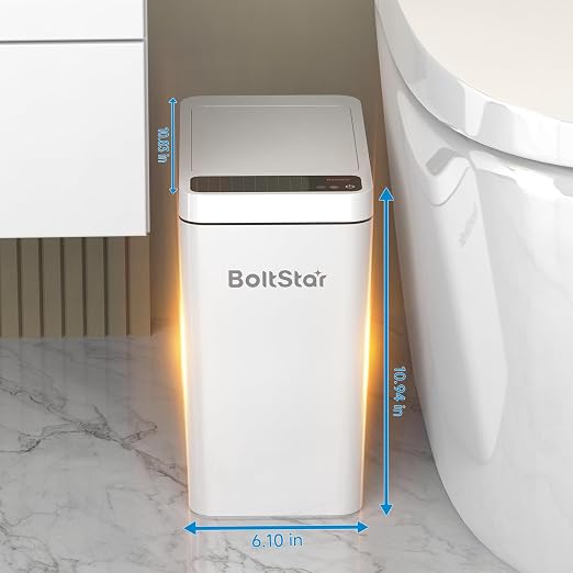 Solar Automatic Bathroom Trash Can: 2 Pack 2.6 Gallon Small Motion Sensor Garbage Can, No Charging Required, Slim Smart Touchless Trash Bin with Lid for Bedroom, Living Room, Office, RV, White