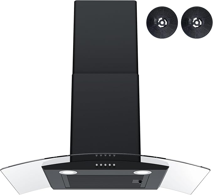 FIREGAS Wall Mount Range Hood 30 inch with 3 Speed Fan,black range hood with tempered glass,400CFM,Push Button Controls, LED Lighting, Permanent Filters in Stainless Steel,includes 2 Charcoal Filters
