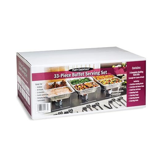 Party Essentials 33-Piece Complete Party Serving Kit with Chafing Racks, Water Pans, Food Pans, Methanol Fuel, Serving Utensils – All-in-One Buffet Set for Catering, Events & Entertaining - UPK-33*