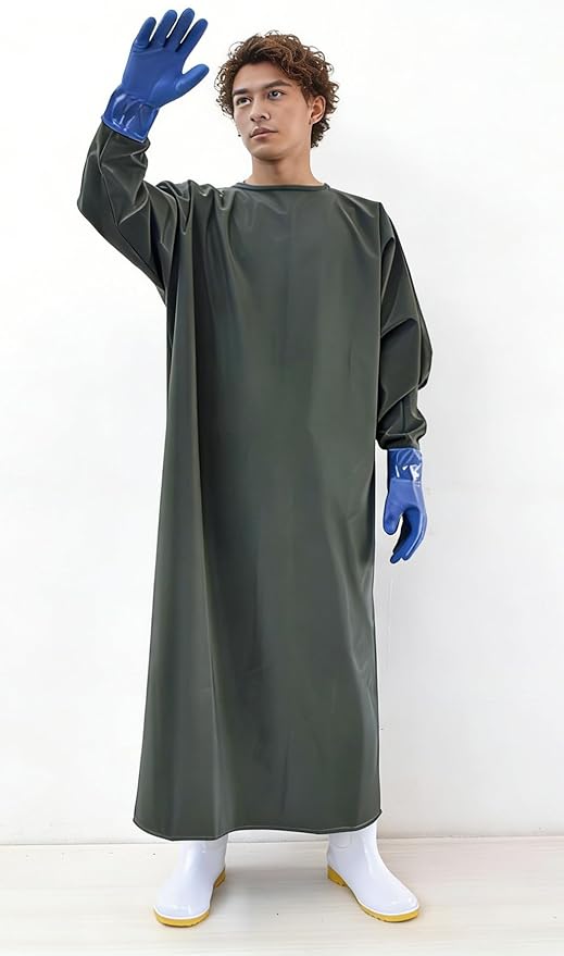 SUJAN Heavy Duty Waterproof PVC Coated Apron with Gloves, Chemical Resistant, Oil-Proof Reusable Work Gown for Food Processing Car Washing, Lab and Industrial Use Green L