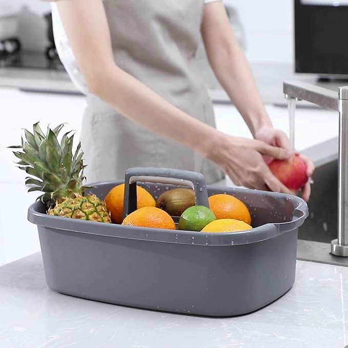 JiatuA Large Plastic Basket Portable Shower Caddy Tote Organizer Basket with Handle for Bathroom, Bedroom, Kitchen, College Dorm, Garden, Garage, Tool, Cleaning Supplies, Dark Gray & Light Grey
