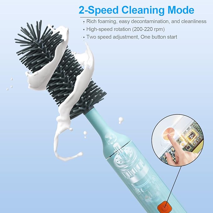 Electric Bottle Brush Cleaner Kit with Rechargeable Baby Bottle Brush Cleaner, Pacifiers Cleaner,Gap Cleaner, Long Straw Brush, Waterproof,Baby Newborn Essentials,Gift for Mothers,Blue