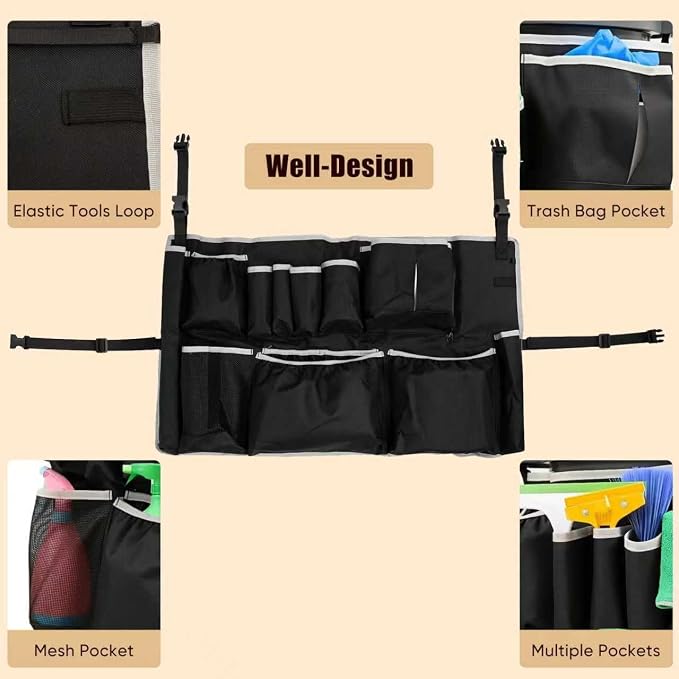 Trash Can Caddy Bag, Upgraded Large Cleaning Caddy, fits for 32-55 Gallon Garbage Bin, Multi-Pocket Garbage Bin Caddy Organizer for House Cleaners & Janitorial Duties, Gray Edge