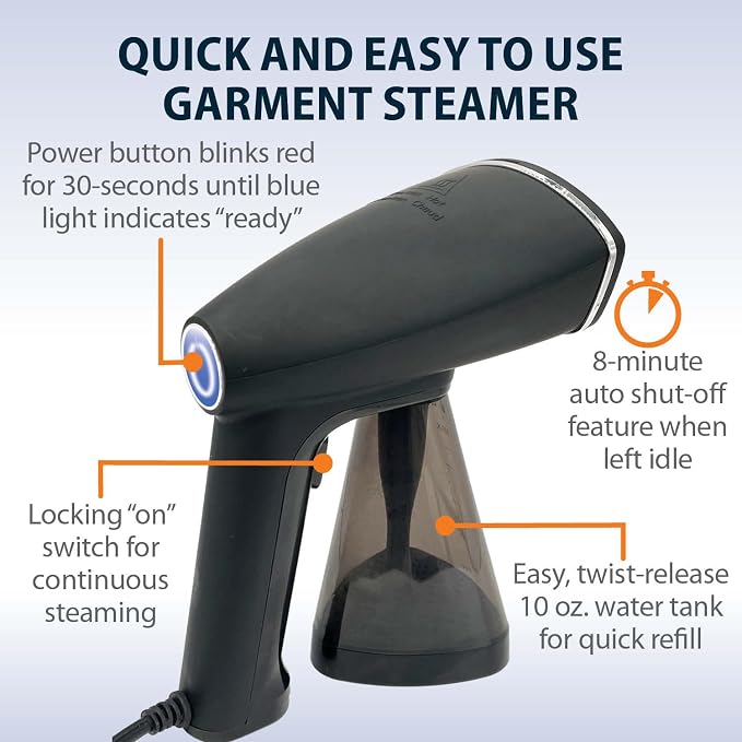 Voyager Cloud Handheld Clothes Steamer, 1650W power, Lightweight Garment and Fabric Steamer, Matte Black