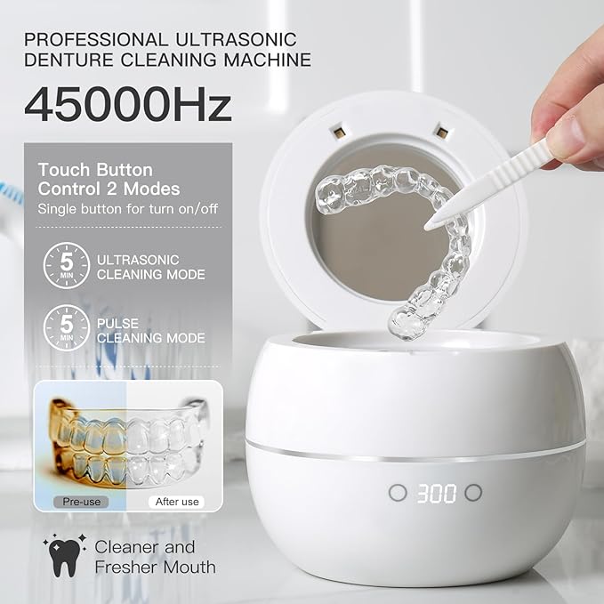 Dental Ultrasonic Retainer Cleaner Machine: 45kHz Dental Cleaning Pod for Denture, Aligner, Mouth Guard, Night Guard, Braces & Jewelry, UV Denture Cleaner with Digital Timer & Dual Mode 250ML White