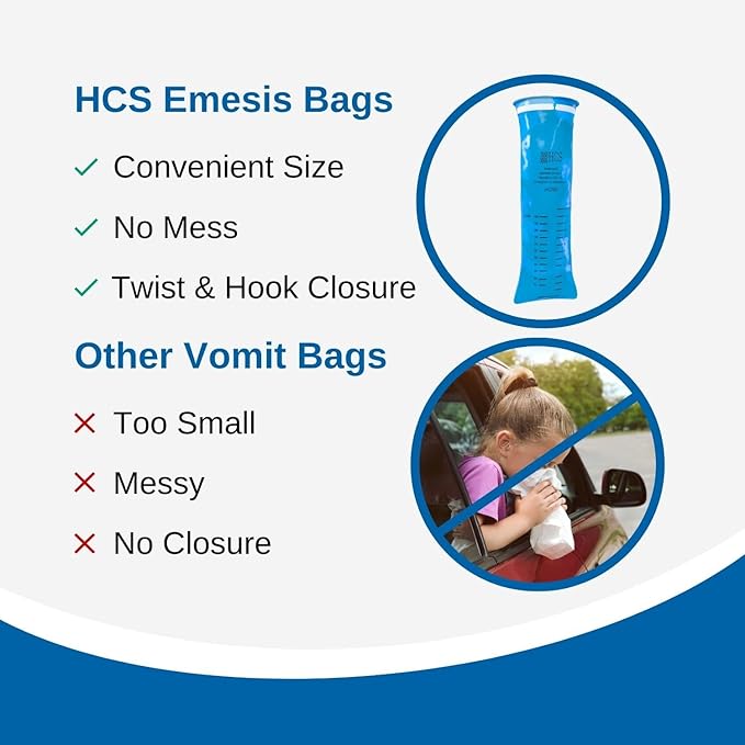 HCS Bulk Emesis Bags Disposable - Premium, Hospital Grade, Adults & Kids - Vomit Bags Disposable for Car, Travel, Home Use - Throw Up, Barf, Puke - 144, Strong (40 fl oz)