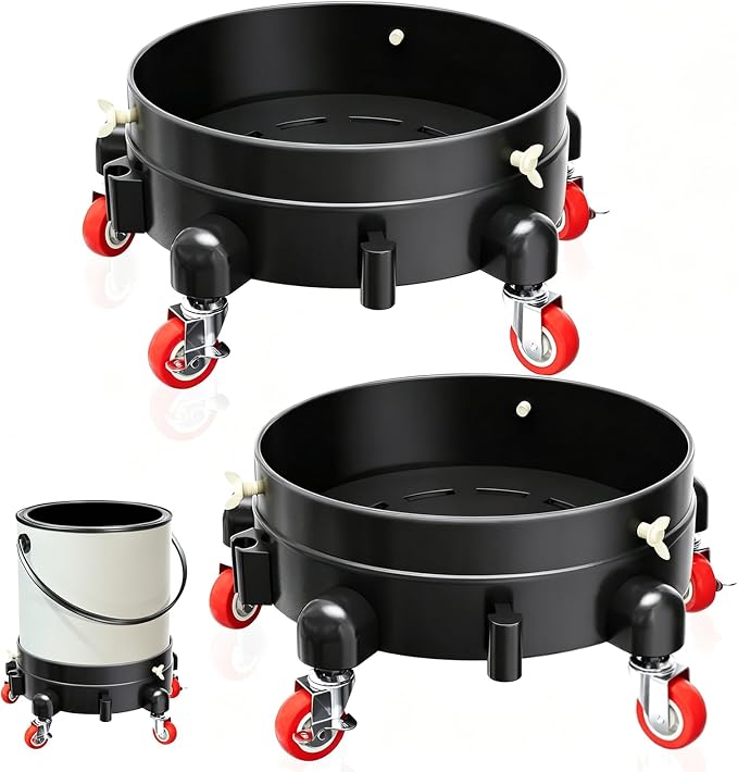 2Pcs 11 Inch Bucket Dolly, Removable Rolling Bucket Dolly, 5 Gallon Car, with 5 Heavy Duty Wheel Casters, 360°Rolling, Connectable, Locking, for Car Wash & Auto Detailing,Bearing 300lb,Black