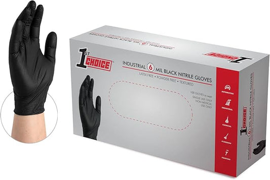 1st Choice Nitrile Gloves, Disposable, Latex-Free, Black, 6 Mil, Industrial, for Mechanics, Cleaning, Automotive and Home Use