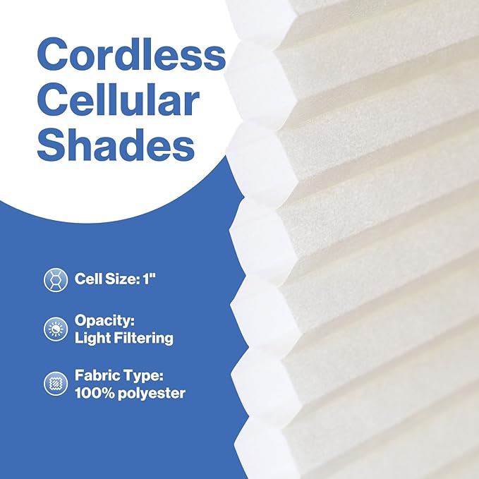 No Drill Cellular Shades, Cream 35" W x 64" H Cordless Light Filtering Pull Down Pleated Honeycomb Blind Thermal Insulated Easy Install for Indoor Window Bedroom Living Room Kitchen