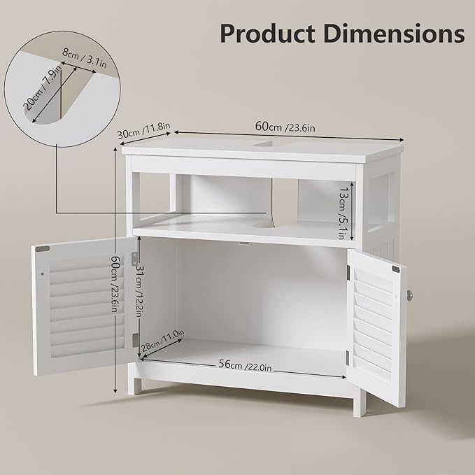 U-Shaped Under Sink Storage Cabinet with 2 Doors & Open Shelf, Freestanding Bathroom Vanity Organizer for Pedestal Sink, Water-Resistant MDF Cabinet for Toiletries & Cleaning Supplies, White