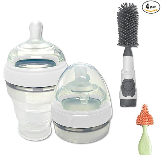 2 Pack Collapsible Baby Bottle Set with Soap Dispensing Brush Kit, 6oz, Push Press Design for Efficient Easy Cleaning for Bottle, Breast Pump, Nipple