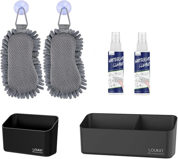 LOUKIN | Shag Dry Erase Eraser 2 Pack & Whiteboard Cleaner 2 Pack(3.4 fl oz) & Magnetic and Adhesive Marker Holder (Black) & Small Magnetic and Adhesive Marker Holder (Black)