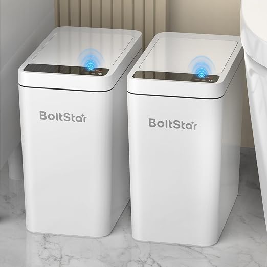 Solar Automatic Bathroom Trash Can: 2 Pack 2.6 Gallon Small Motion Sensor Garbage Can, No Charging Required, Slim Smart Touchless Trash Bin with Lid for Bedroom, Living Room, Office, RV, White