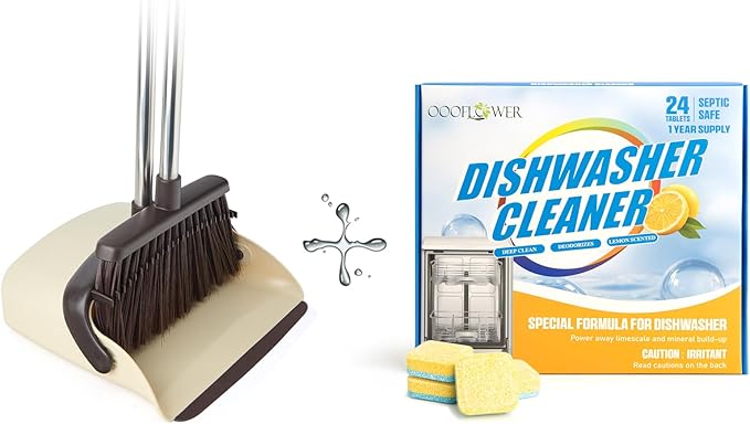 Broom and Dustpan Set+24-Count Dishwasher Cleaner Tablets, Deep Cleaning and Descaling Formula, Removes Odors, Scale, and Hard Water Residue, Maintains Dishwashers, Septic Tank Safe