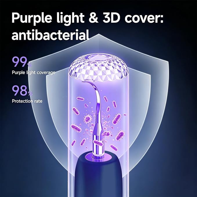 T9 Ultimate Electric Teeth Cleaner - Ultrasonic Tooth Cleaning, Violet Light Protection, 316F Stainless Steel Heads, 5-Speed Modes, IPX6 Waterproof, Oral Care Kit with 7 Accessories‌ (Blue)
