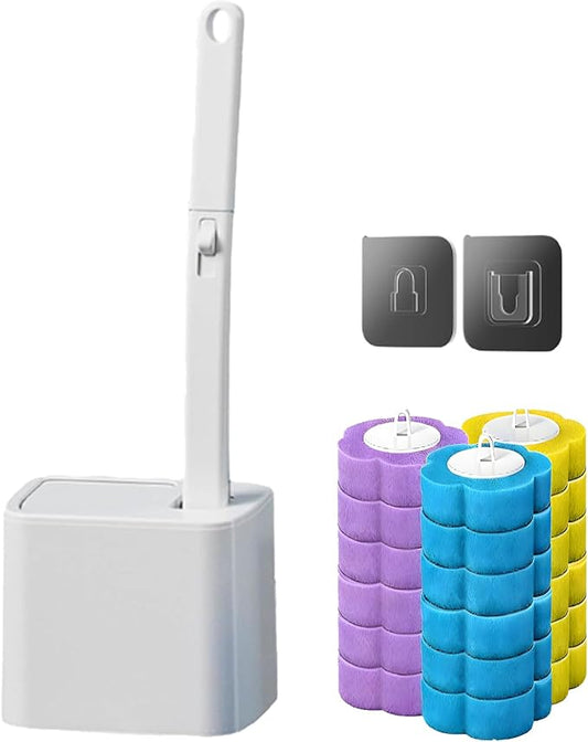 Disposable Brush with Holder & Refill Heads - Hygienic Sanitary Toilet Cleaner for Easy Cleaning, Streak-Free Fresh Bathroom, No Mess Disposable Toilet Bowl Cleaner Wand (1, White)