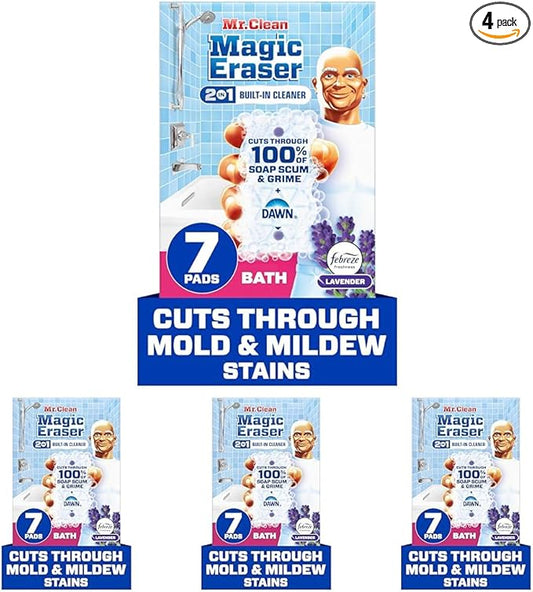 Mr. Clean Magic Eraser Sponge, Bathroom, Shower & Tub Cleaner, Soap Scum Remover, Bathroom Cleaning Supplies, Dawn Cleaning Power with Febreze Lavender Scent, 2 in 1 Bath, 7ct (Pack of 4)
