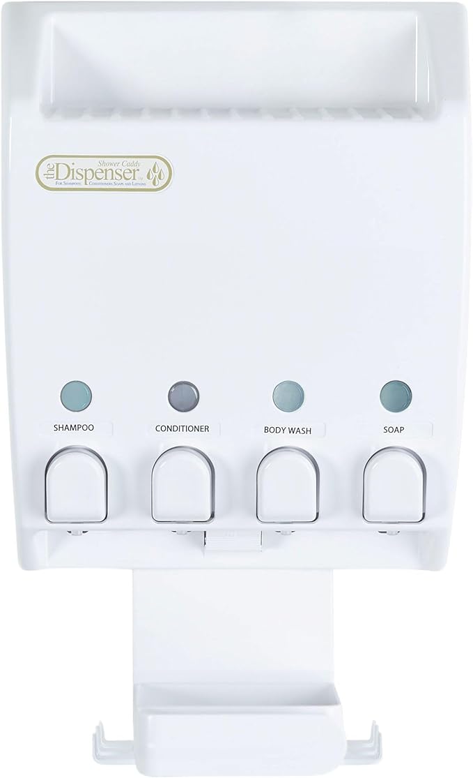 Better Living Ulti-Mate Shower Dispenser Caddy 4, Wall Mount Shower Soap Dispenser for Bathroom, Shelf, Built-in Hooks & Soap Dish, No Drill, Shampoo and Soap Dispenser, 4 x 14.5 oz, White
