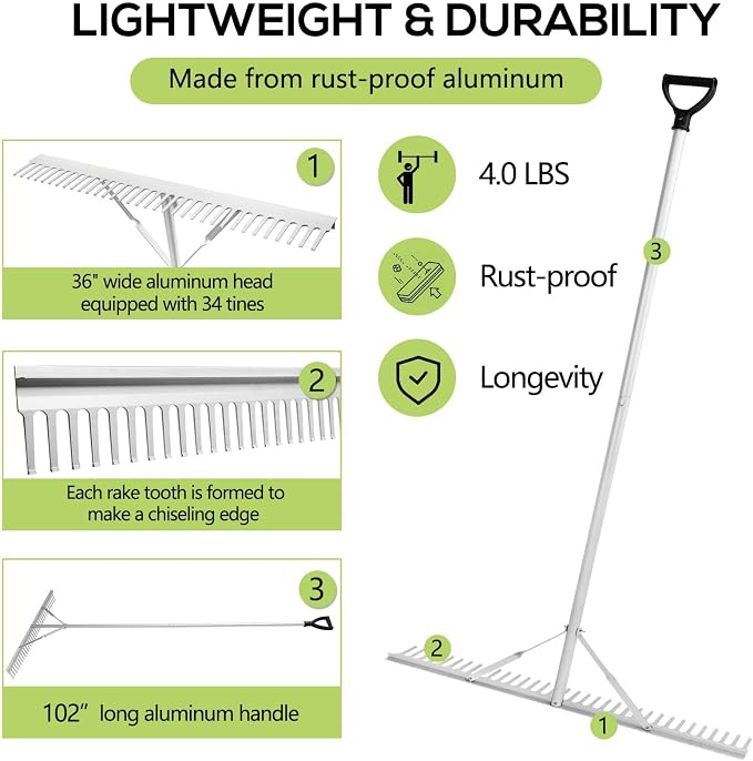 Floating Lake Rake, 36" Aluminum All Purpose Lake and Landscape Rake with 102'' Extension Handle and 52Ft Rope, Weed & Algae Removal, Yellow