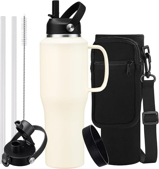 Insulated Water Bottle 32 OZ - with Straw & Pop-up Spout Lid, Keep Cold-48H Hot-12H, Stainless-Steel with handle for Women Men, Metal Flask Water Bottle Fits in Cup Holder
