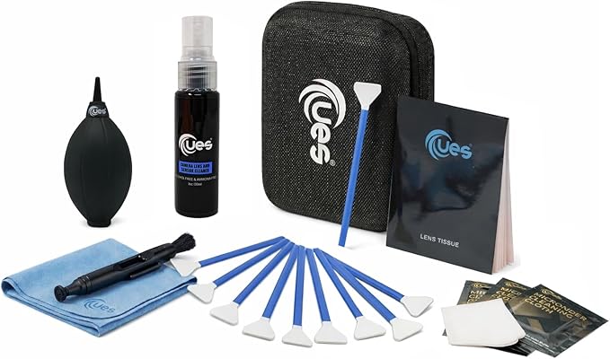 UES Professional Camera Cleaning Kit with Hard Travel Case - DSLR & Mirrorless Maintenance Bundle: 2-in-1 Lens & Sensor Cleaner, Air Blower, Pen, Microfiber Screen Cloths & 10 Full-Frame 24mm Swabs