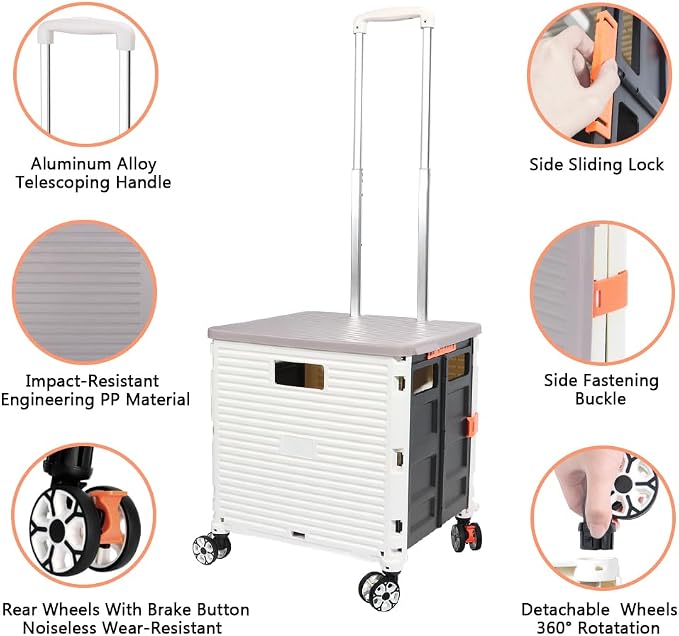 FELICON SELORSS Foldable Utility Cart Folding Portable Rolling Crate Handcart with Durable Heavy Duty Plastic Telescoping Handle Collapsible 4 Rotate Wheels for Travel Shop Move Luggage Office(White)