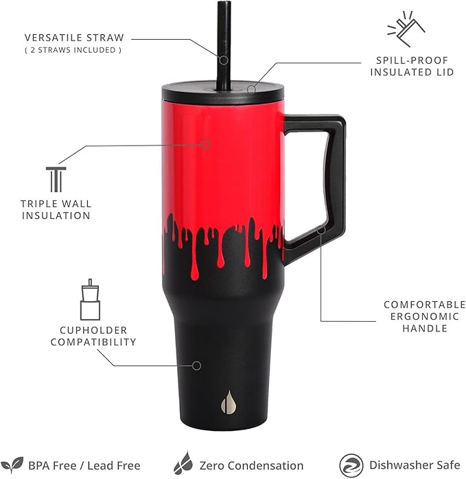 Elemental 40 oz Tumbler with Handle and Straw - Spill Proof Insulated Stainless Steel Commuter for Cold Beverages - Travel Coffee Mug with 2 Straws & Spill Proof Lid - 40oz - Sanguine Drip