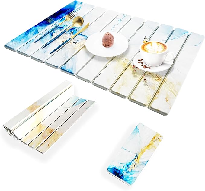 Stone Drying Mat for Kitchen Counter - Quick Dry Stone Dish Drying Mat, Large Non-Slip Stone Bath Mats for Bathroom & Kitchen Sink, Foldable Fast Drying Stone Sink Mat (blue gold)
