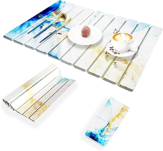 Stone Drying Mat for Kitchen Counter - Quick Dry Stone Dish Drying Mat, Large Non-Slip Stone Bath Mats for Bathroom & Kitchen Sink, Foldable Fast Drying Stone Sink Mat (blue gold)