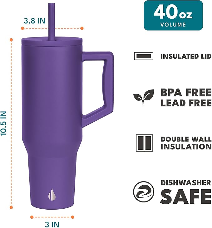 Elemental 40 oz Tumbler with Handle and Straw - Spill Proof Insulated Stainless Steel Commuter for Cold Beverages - Travel Coffee Mug with 2 Straws & Spill Proof Lid - 40oz - Purple