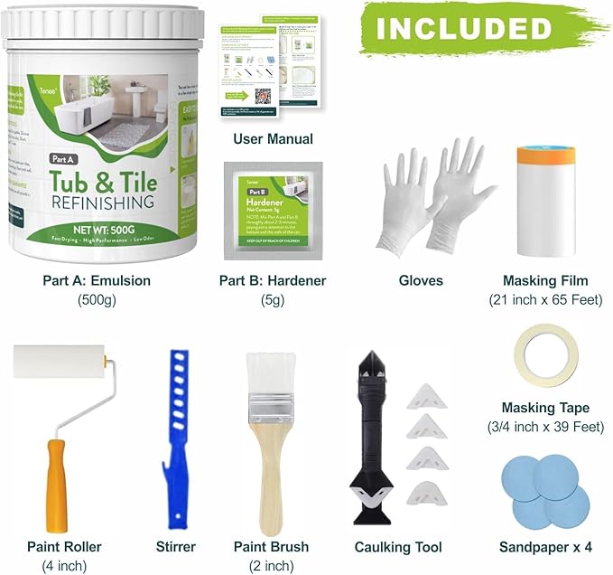 17oz White Tub and Tile Paint, Tub and Tile Refinishing Kit with 8 Tools, Semi-Gloss Bathtub Paint for Bathroom, 25-30sq.ft, Low Odor Bathtub Refinishing Kit for Fiberglass, Sink, Kitchen, Shower