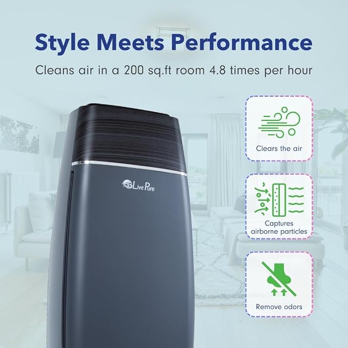 LivePure LP260TH-W Sierra Series True HEPA Digital Tall Tower Air Purifier for Home Captures Allergens, Smoke, Pollen, Mold, Dust Mites, Pet Hair, Energy Star Certified, Teak/Pearl White