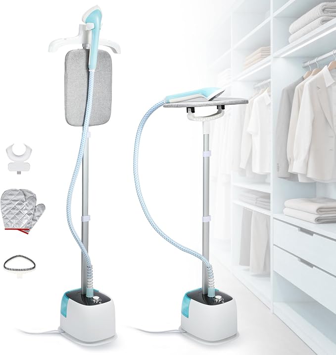 Standing Garment Steamer for Clothes 1350W Aluminum Heating System for 1 Hour Powerful Steam, Heats in 30s, 10 Levels Steam Control, Flat & Hanging Ironing, with Ironing Board, Gloves, Brush