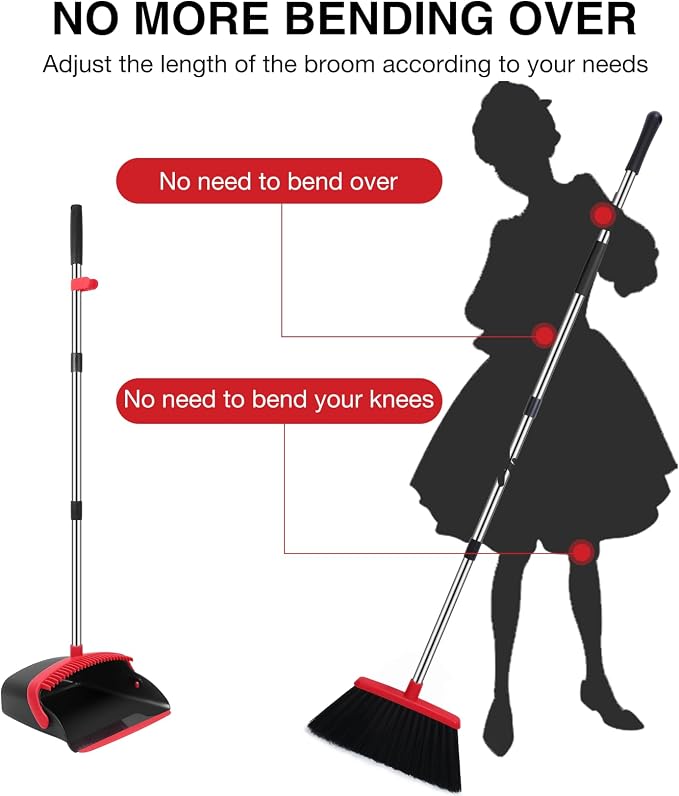 Broom and Dustpan Set, Long Adjustable Handle Broom Dustpan Combo with Dustpan Teeth to Automatically Clean Hair+Multifunction Silicone Broom, Silicone Floor Squeegee Broom for Home Bathroom, Kitchen