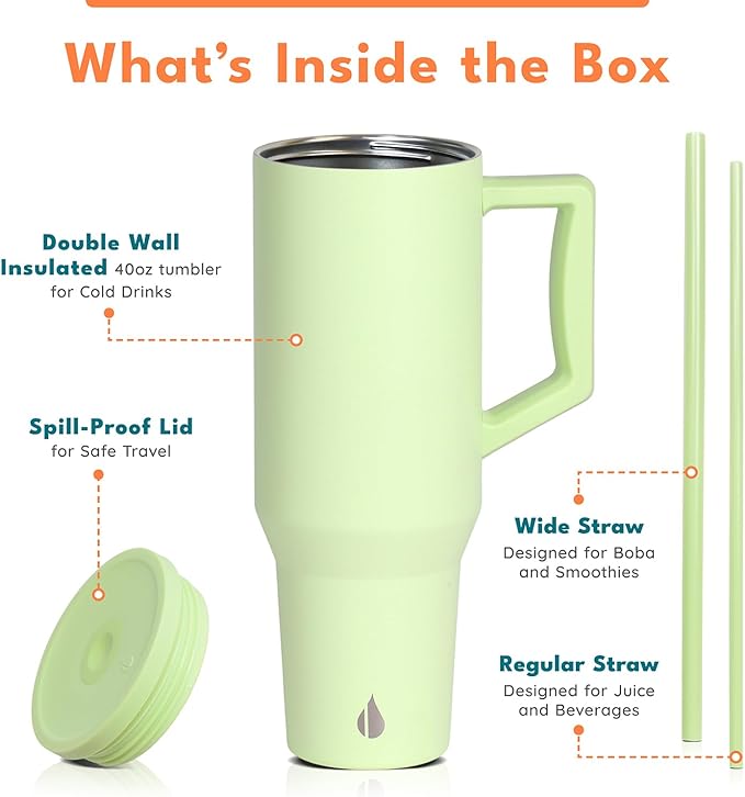 Elemental 40 oz Tumbler with Handle and Straw - Spill Proof Insulated Stainless Steel Commuter for Cold Beverages - Travel Coffee Mug with 2 Straws & Spill Proof Lid - 40oz - Key Lime