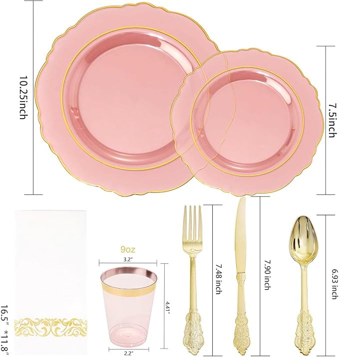 KIRE 210Pcs Clear Pink Plastic Plates with Gold Rim - Disposable Pink Plates for Party - 30 for Dinner 30 for Dessert 90 Silverware 30 Napkins 30Cups for Upscale Wedding/Party/Baby Shower