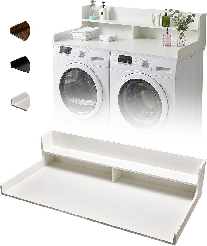 Takywep 2 Tiers Washer Dryer Countertop, 54" x 27.5" Washer Dryer Topper with Edge, Washer and Dryer Laundry Topper with Anti-Slip Pads & Anti-Vibration Mat, White