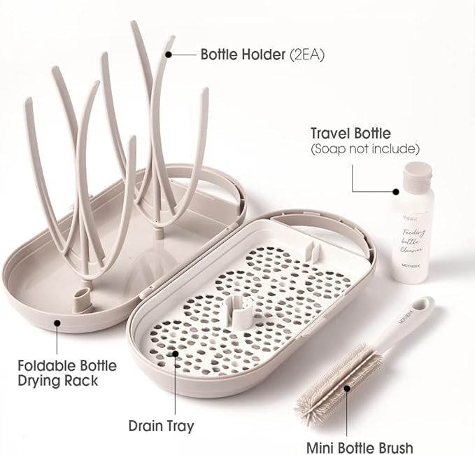 MOTHER-K Travel Baby Bottle Drying Rack Set (Cream Mocha) + Sippy Cup 8oz (Pink)