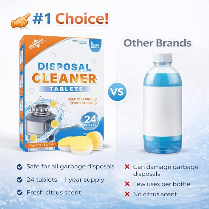 Garbage Disposal Cleaner Tablets – 24 Pack Foaming Sink Deodorizer & Drain Cleaner, Fresh Citrus Scent, Kitchen Disposal Cleaning Pods, 1 Year Supply