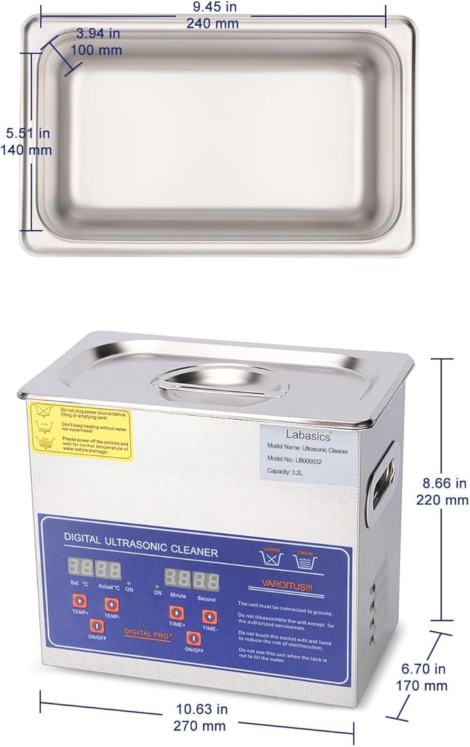 Labasics Ultrasonic Cleaner, Professional All-Purpose Stainless Steel Ultrasonic Washing Device with Digital Display Timer and Heat Control for Laboratory 110V, 3.2L
