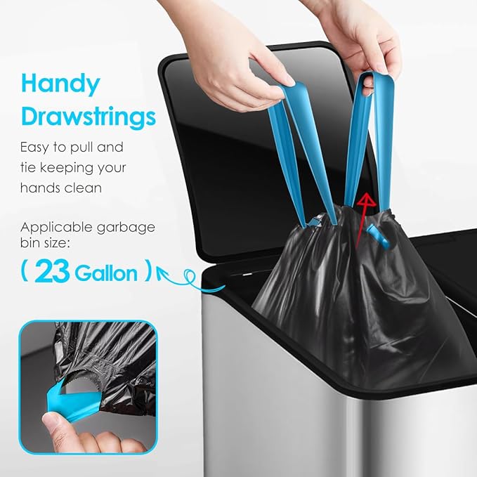 Teivio 23 Gallon Drawstring Trash Bags, 120 Counts, Fit 23 Gallon Rubbermaid Slim Jim Can & 22-25 Gal Tall Kitchen Trash Can，Large Plastic Waste Bin Liners for Home Office Daily Household Use, Black