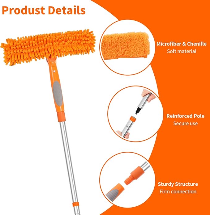 152'' Window Cleaning Kit, 2 in 1 Window Squeegee with Extension Poles, Window Cleaner Tools for Indoor/Outdoor High Window, Car, Glass