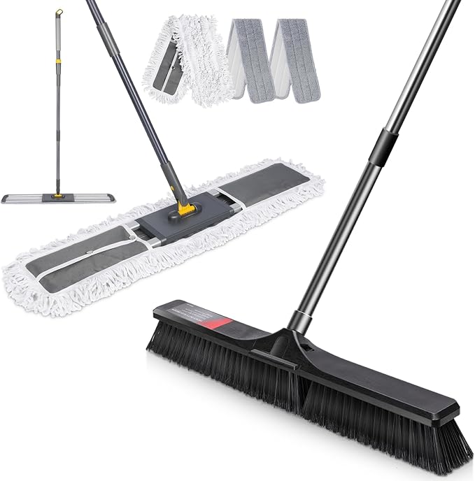 Masthome 24" Push Broom with Stiff Bristles,& 32'' Commercial Dust Mop, 60'' Adjustable Flat Mop with Long Handle, 1 Cotton & 2 Microfiber Mop Pads