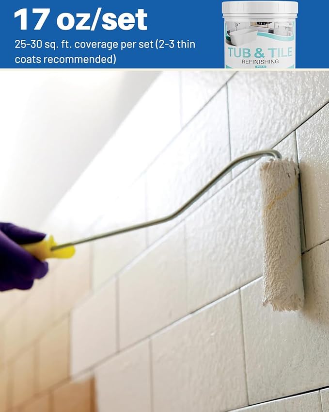Tile Paint, 17oz Tub and Tile Paint Refinishing Kit with Tools, Easy to Use for Countertop Bathroom Bathtub Kitchen Sink, Semi-Gloss White, Low Odor，25-30sq.ft