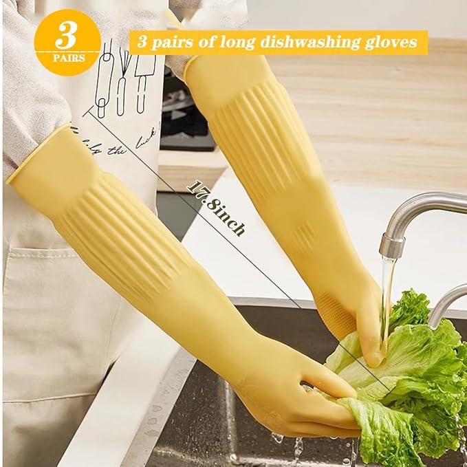 3- Pair 17.8 - Inch Elbow - Length Reusable Rubber Waterproof Household Cleaning and Kitchen Dishwashing Gloves - Large Size