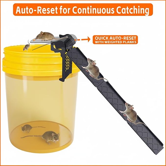 Walk The Plank Bucket Mouse Trap, Humane Auto Reset Rat Trap 5 Gallon, Reusable No Kill Multi-Catch Live Trap for Indoor Outdoor Mice Control, 1 Pack
