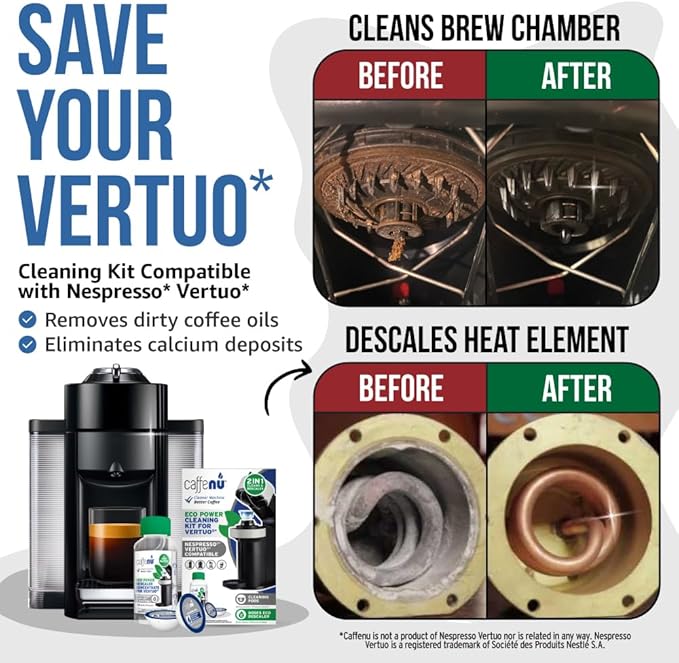 Caffenu Descaling Kit Compatible with Nespresso Vertuo, 2 Uses Descaling Solution and 6 Cleaner Pods. Removes Limescale & Cleans Pod Area. Better Tasting & Hotter Coffee. 4 Months Supply.